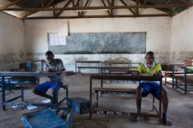 Pupils in an empty classroom at the Lodwar Mixed Primary school in Lodwar , Turkana, Kenya, 26 June 2013 where all Kenyan government teachers were on indefinite strike to demand better pay. Credit: Picture/Karel Prinsloo/ ARETE